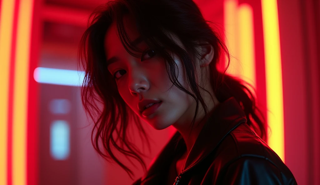8K, RAW Photos, top-quality, masterpiece: 1.2),fish-eye lens、(((Wide View)))、fish-eye lens、Cinematic style、Reach out and jump、Powerful poses、Hair disheveled in the wind、fully body photo、Cyberpunk Fashion、Red or orange neon、Cyberpunk movies、Raw photo of beautiful Korean 20 year old woman、Half Face、deep in the night、darkened room、hightquality、More skin、Lustrous skin、clearface、cinema shot、nffsw、foco nítido