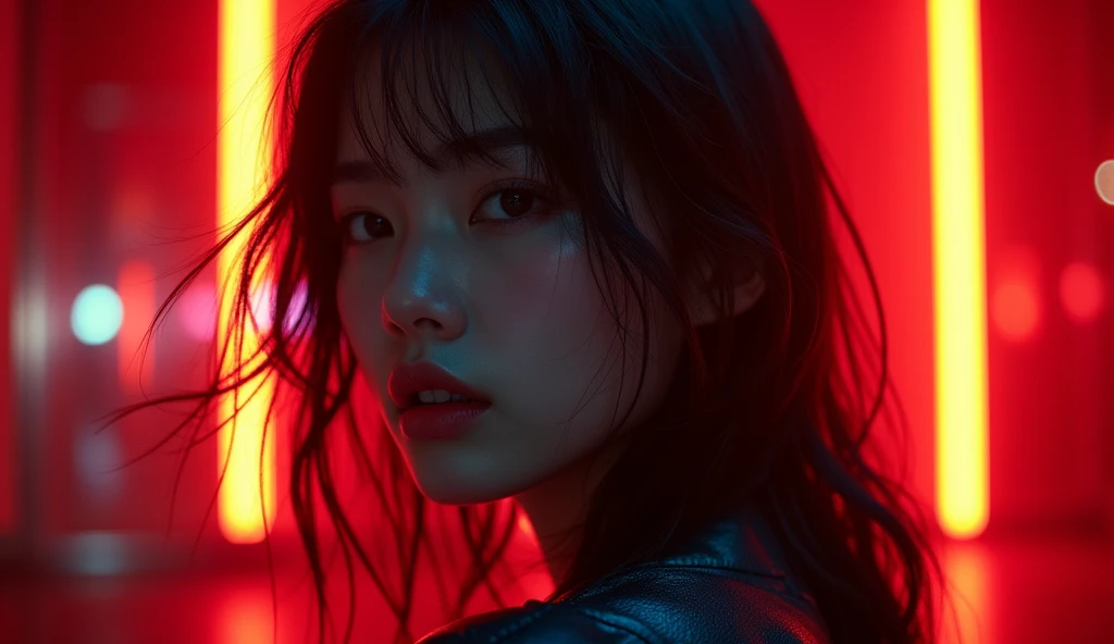 8K, RAW Photos, top-quality, masterpiece: 1.2),fish-eye lens、(((Wide View)))、fish-eye lens、Cinematic style、Reach out and jump、Powerful poses、Hair disheveled in the wind、fully body photo、Cyberpunk Fashion、Red or orange neon、Cyberpunk movies、Raw photo of beautiful Korean 20 year old woman、Half Face、deep in the night、darkened room、hightquality、More skin、Lustrous skin、clearface、cinema shot、nffsw、foco nítido