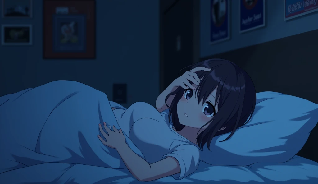 One person, Lie on your back in bed without covers,Overlooking,Covering the right eye with the hand,Blue light,Deep room,Blur the background,Band posters on the wall,A round, heavy bob haircut,19 years old,White T-shirt,Dark Room,Anime Style,High resolution, 