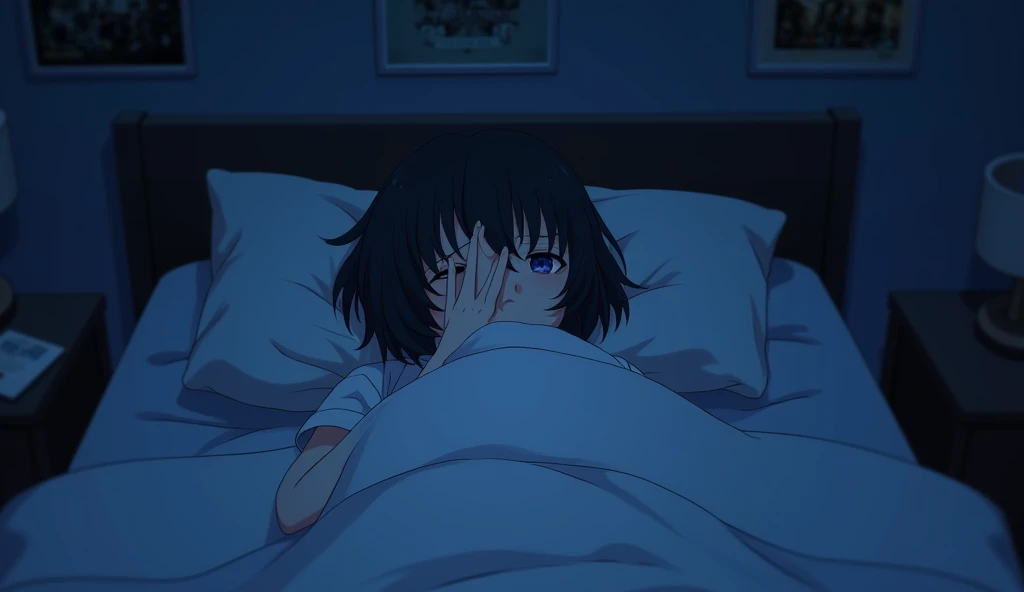 One person, Lie on your back in bed without covers,Overlooking,Covering the right eye with the hand,Blue light,Deep room,Blur the background,Band posters on the wall,A round, heavy bob haircut,19 years old,White T-shirt,Dark Room,Anime Style,High resolution,