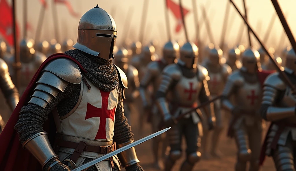 A highly realistic, high-contrast, 8K HD, detailed, hyper-detailed image of Crusader knights fiercely engaged in battle against an enemy army of knights as shown in the provided image. The Crusaders, wearing steel armor with red crosses on their tunics, are surrounded by the enemy force, who are clad in full armor and advancing relentlessly. The battlefield is chaotic, with swords clashing and the Crusaders' faces showing unyielding resolve as they fight on despite overwhelming odds. The atmosphere is intense and desperate, capturing the raw determination and bravery of the Crusaders as they battle fiercely against the enemy knights. The image is of the highest quality, with ultra-high resolution, RAW photo quality, and Unreal Engine rendering, depicting the relentless spirit and courage of the Crusaders in the face of a powerful adversary.