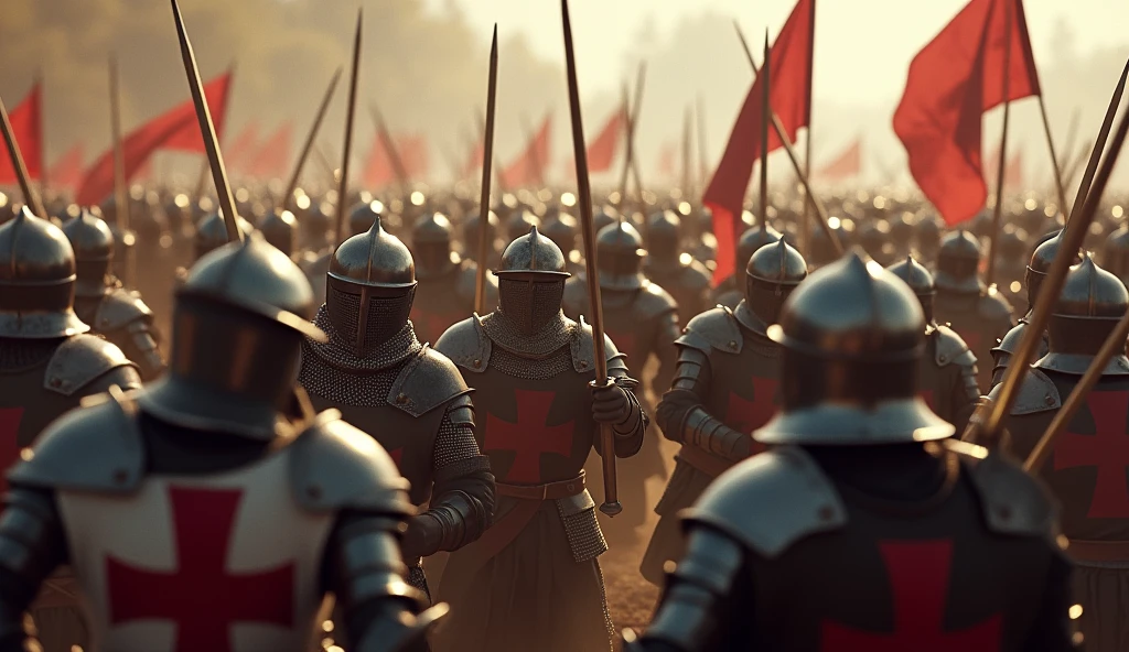 A highly realistic, high-contrast, 8K HD, detailed, hyper-detailed image of Crusader knights fiercely engaged in battle against an enemy army of knights as shown in the provided image. The Crusaders, wearing steel armor with red crosses on their tunics, are surrounded by the enemy force, who are clad in full armor and advancing relentlessly. The battlefield is chaotic, with swords clashing and the Crusaders' faces showing unyielding resolve as they fight on despite overwhelming odds. The atmosphere is intense and desperate, capturing the raw determination and bravery of the Crusaders as they battle fiercely against the enemy knights. The image is of the highest quality, with ultra-high resolution, RAW photo quality, and Unreal Engine rendering, depicting the relentless spirit and courage of the Crusaders in the face of a powerful adversary.
