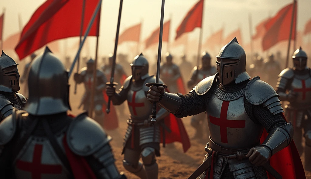 A highly realistic, high-contrast, 8K HD, detailed, hyper-detailed image of Crusader knights fiercely engaged in battle against an enemy army of knights as shown in the provided image. The Crusaders, wearing steel armor with red crosses on their tunics, are surrounded by the enemy force, who are clad in full armor and advancing relentlessly. The battlefield is chaotic, with swords clashing and the Crusaders' faces showing unyielding resolve as they fight on despite overwhelming odds. The atmosphere is intense and desperate, capturing the raw determination and bravery of the Crusaders as they battle fiercely against the enemy knights. The image is of the highest quality, with ultra-high resolution, RAW photo quality, and Unreal Engine rendering, depicting the relentless spirit and courage of the Crusaders in the face of a powerful adversary.