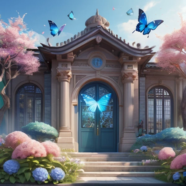 landscape。Fantasy、Lots of blue butterflies々、Glowing Butterfly、The grand entrance of a Western-style library、Big door、A garden with beautiful flowers blooming