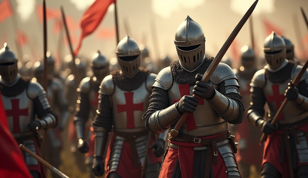A highly realistic, high-contrast, 8K HD, detailed, hyper-detailed image of Crusader knights fiercely engaged in battle against an enemy army of knights as shown in the provided image. The Crusaders, wearing steel armor with red crosses on their tunics, are surrounded by the enemy force, who are clad in full armor and advancing relentlessly. The battlefield is chaotic, with swords clashing and the Crusaders' faces showing unyielding resolve as they fight on despite overwhelming odds. The atmosphere is intense and desperate, capturing the raw determination and bravery of the Crusaders as they battle fiercely against the enemy knights. The image is of the highest quality, with ultra-high resolution, RAW photo quality, and Unreal Engine rendering, depicting the relentless spirit and courage of the Crusaders in the face of a powerful adversary.