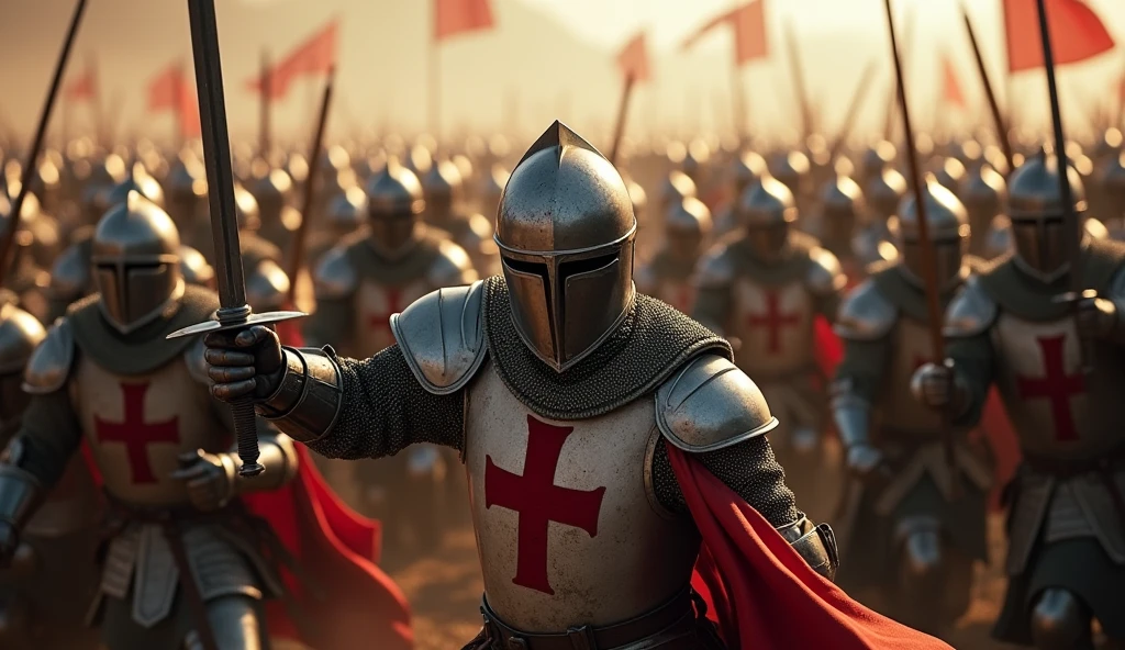 A highly realistic, high-contrast, 8K HD, detailed, hyper-detailed image of Crusader knights fiercely engaged in battle against an enemy army of knights as shown in the provided image. The Crusaders, wearing steel armor with red crosses on their tunics, are surrounded by the enemy force, who are clad in full armor and advancing relentlessly. The battlefield is chaotic, with swords clashing and the Crusaders' faces showing unyielding resolve as they fight on despite overwhelming odds. The atmosphere is intense and desperate, capturing the raw determination and bravery of the Crusaders as they battle fiercely against the enemy knights. The image is of the highest quality, with ultra-high resolution, RAW photo quality, and Unreal Engine rendering, depicting the relentless spirit and courage of the Crusaders in the face of a powerful adversary.
