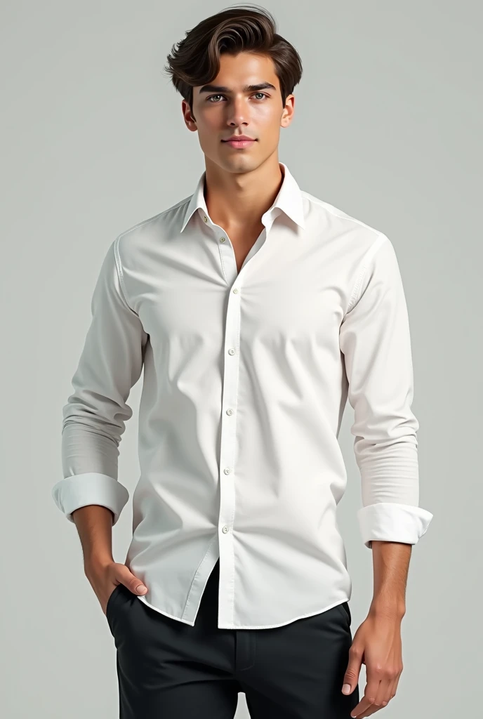 A realistic picture of a 20 years old brown guy with straight black hair, blue eyes, 6 feet 1 inch, Fierce eyes, dimple, smiling, wearing a white full sleeve shirt and black pants
