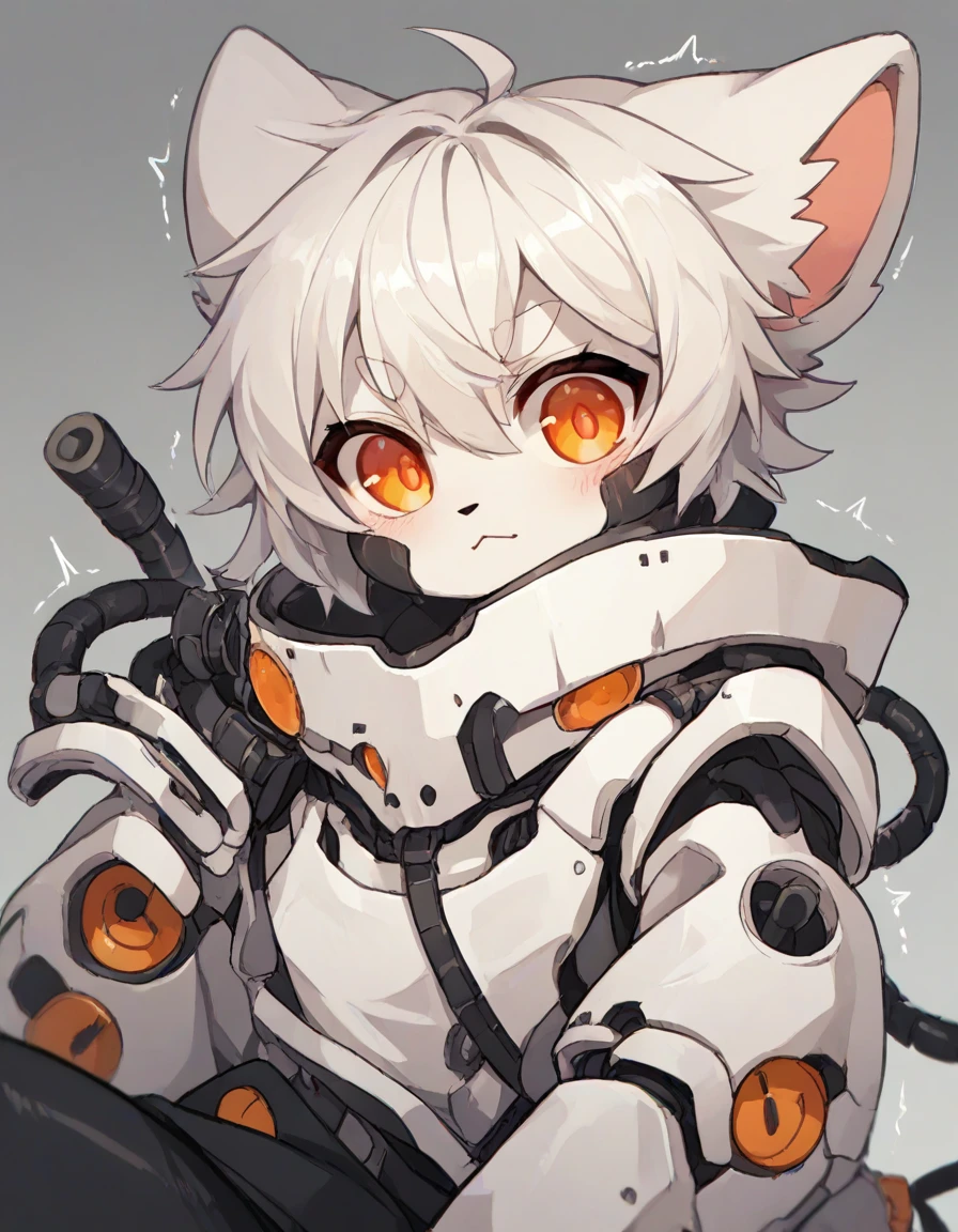 furry,A cute white cat boy,White hair,Orange pupils,(Wear black tights),White heavy mech,Mechanical exoskeleton,Trembling,Mechanical masks,protrait photo,HD