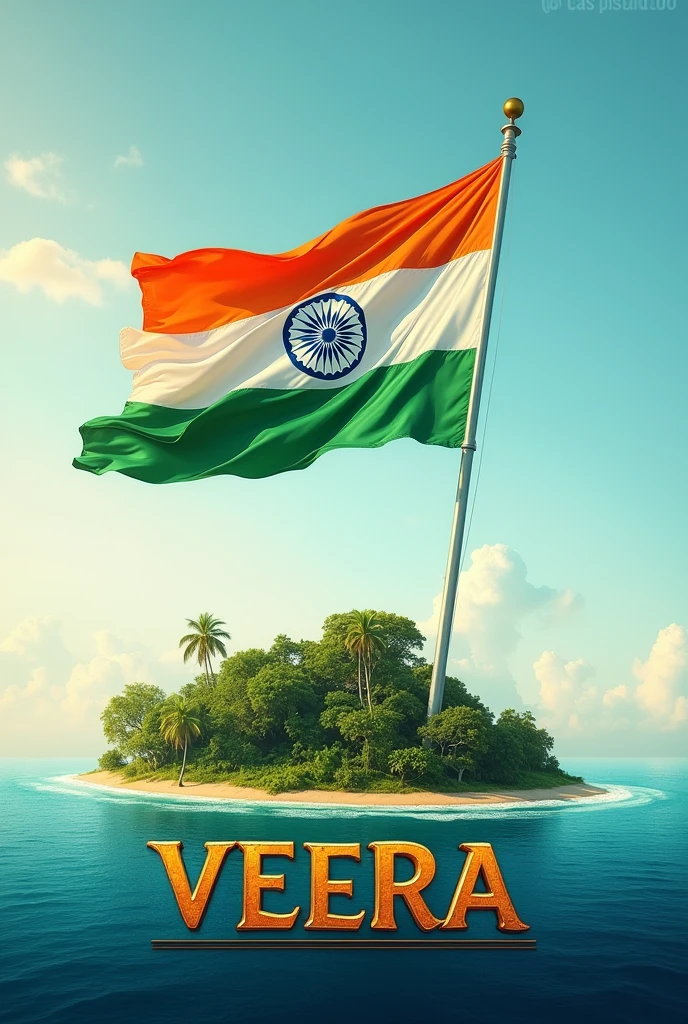 beautiful Indian flag, standing on island and name displayed as VEERA with Ashok chakra using Indian flag colours 