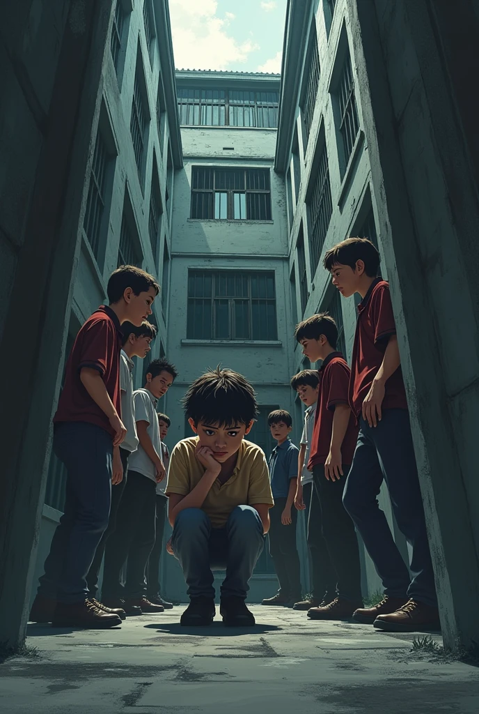 A picture designed on anti ragging where the school seems like jail to student who has been bullied and there are few boys and girls bullying him