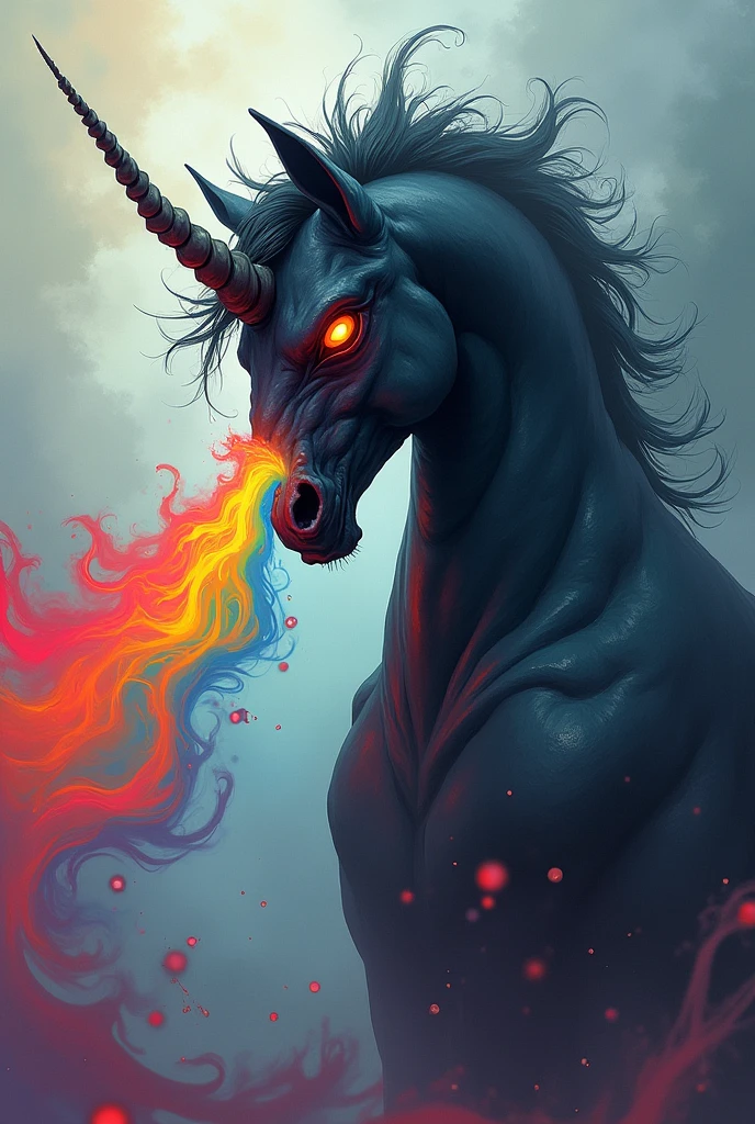 An evil unicorn that breathes out a rainbow, pink color abstraction