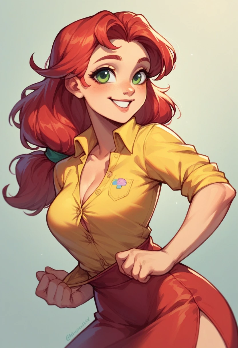 red hair hair tied back green eyes , 18 years old, sexy, showing off curves sexy, gorgeous, caucasian, penny stardew , smiling, cute, tight yellow open buttons shirt and a red skirt