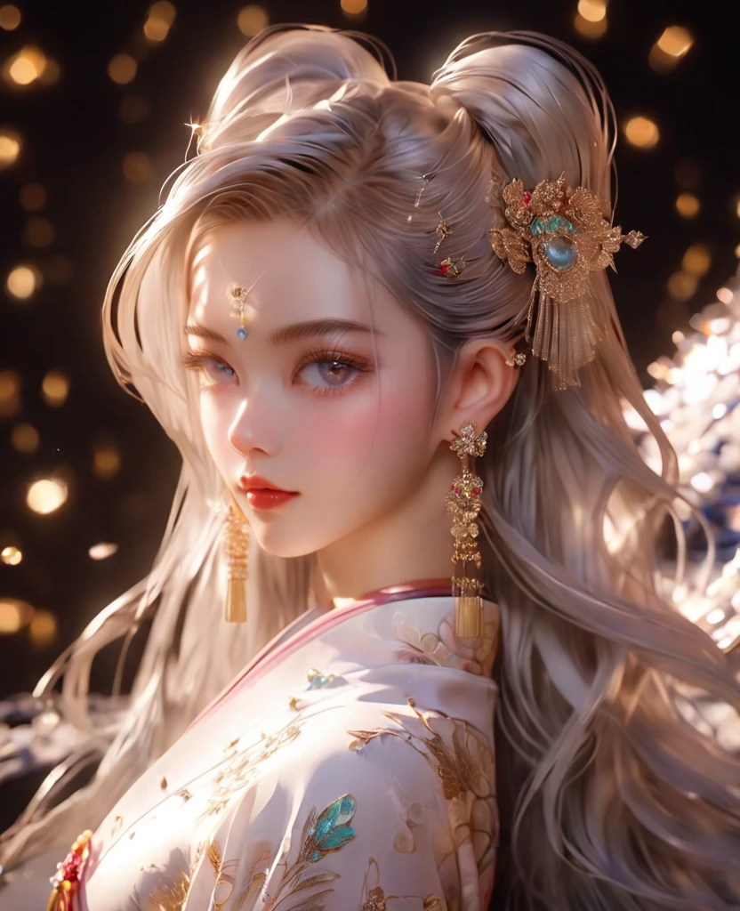 8K,Asian cute girl，an extremely delicate and beautiful,Beautiful and realistic skin,Shiny jewel-like earrings,pompadour,like glitter silver hair,,beautiful eyes,full body