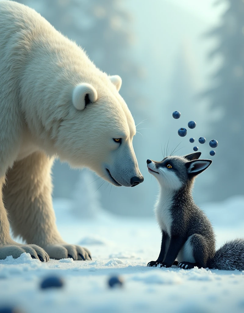 A fox with black and white hair with blueberries stuck to its ears was being eaten by a polar bear.