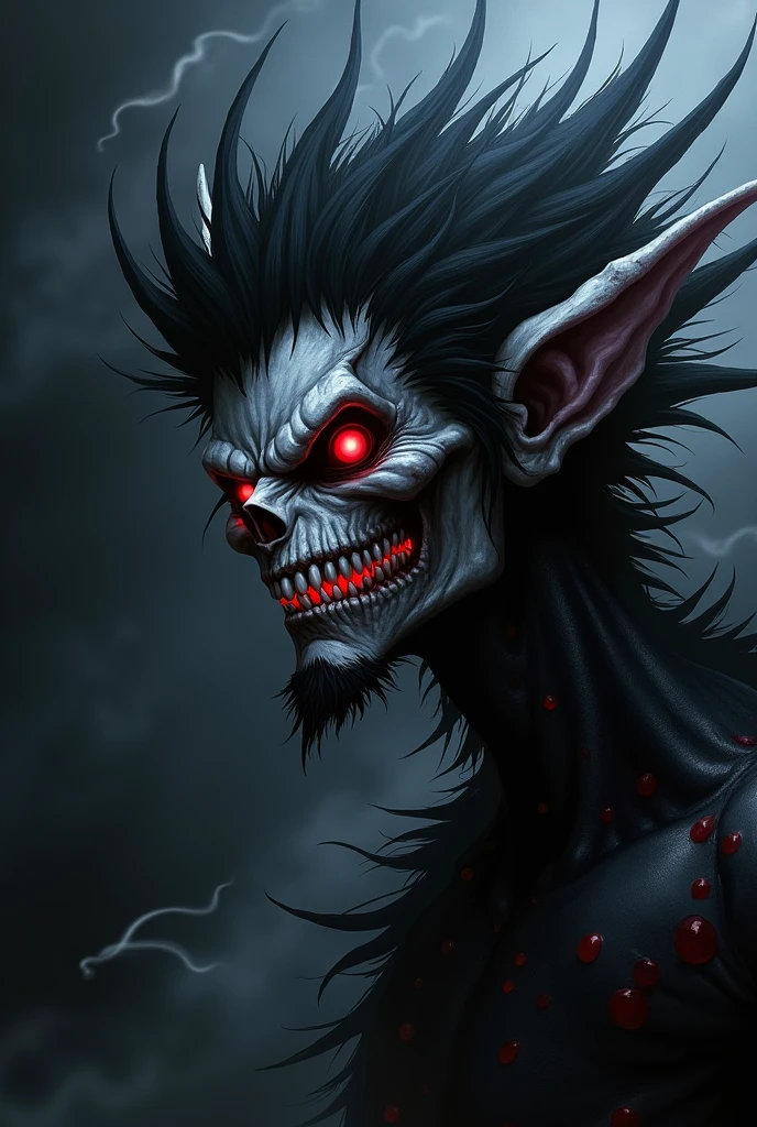 Create an anime picture of a fierce character side view phase using only black and red and a bit of white.... He should also have canines and laughing in a sarcastic way
He should not have human looks it should be demonic with human features and in shadows