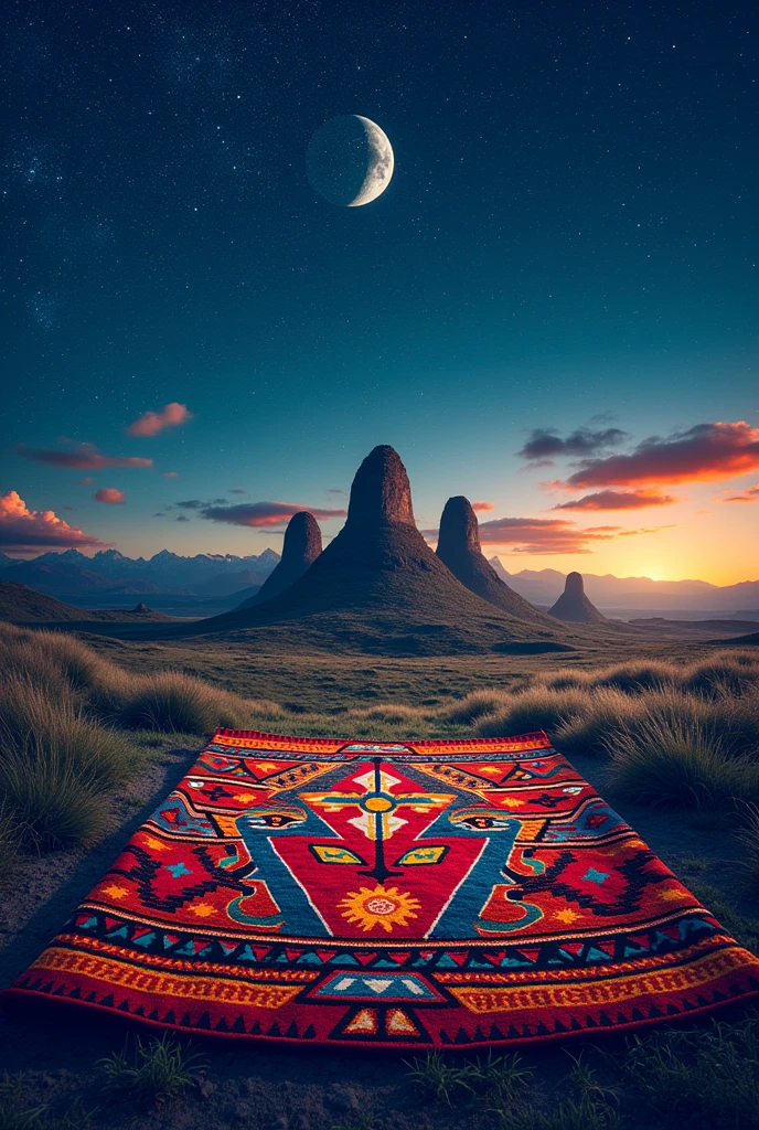 Mapuche blanket with a starry background and kuel