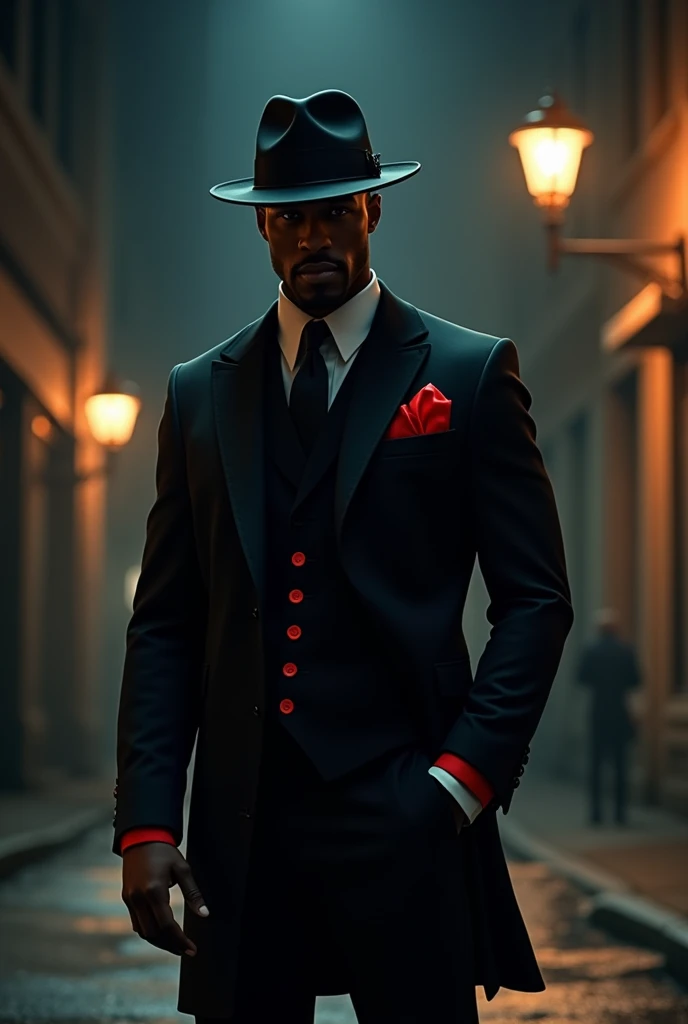 create a black guy with a hat and a black suit with red details. make him stand behind a street at night, with a sense of mystery