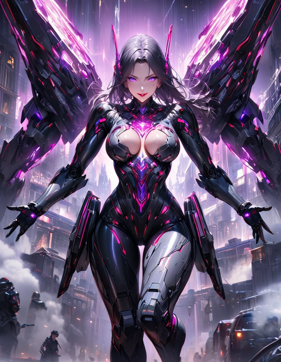 A young and beautiful person,(Highest quality,Extremely detailed depiction,Incredibly absurd high resolution,Anatomically accurate depiction,Curvy Legs),(Glowing Skin),(Futuristic body suit:1.3,Futuristic exoskeleton,Huge Weapons:1.3),eyelash,(Luminous purple eyes,There is cleavage in the chest,Wicked Smile,Glossy Red Lips,Sweat,Weapon drawn stance:1.3),whole body,(background:In town),