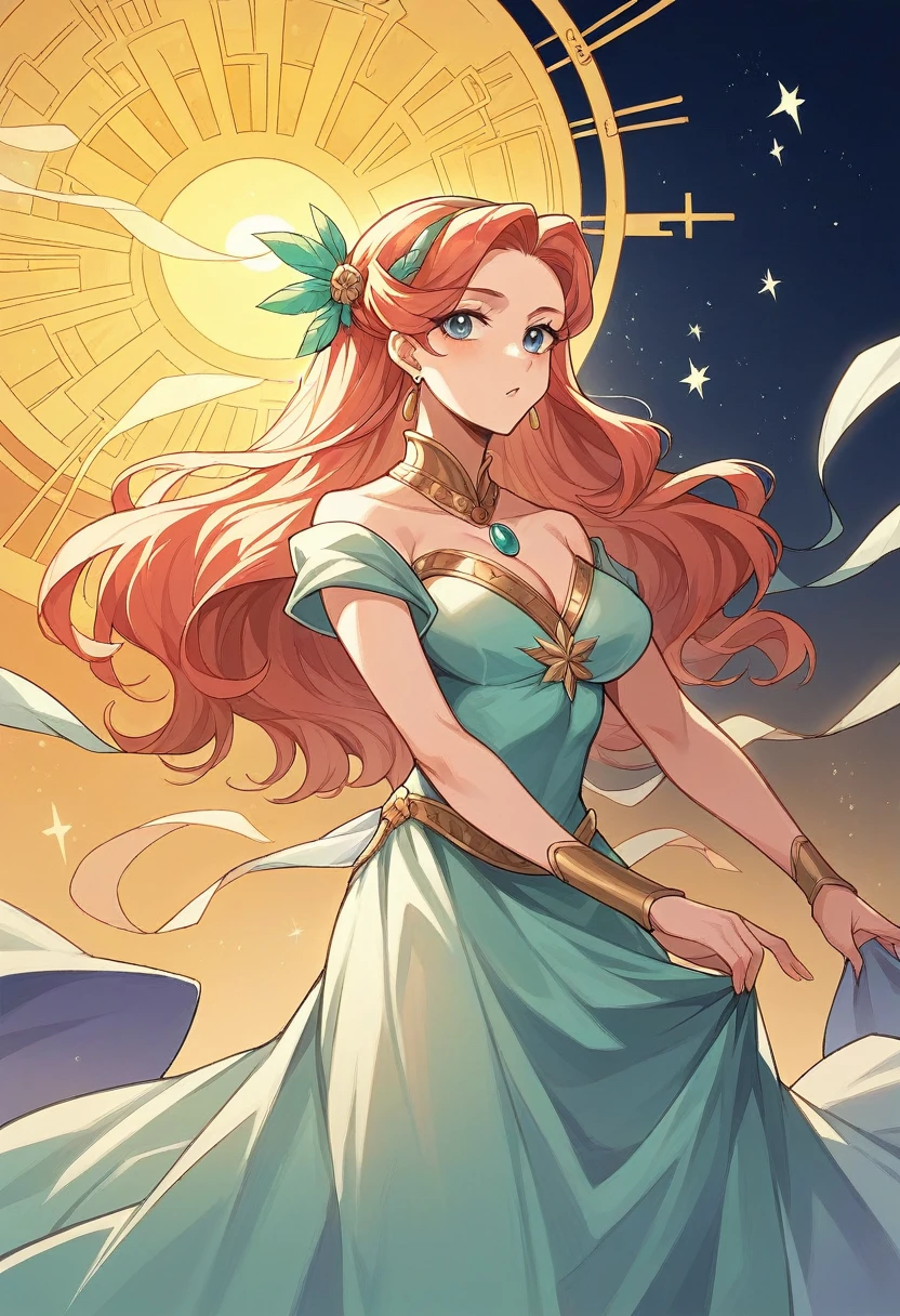 Isolde is a young woman of ethereal beauty. Her hair is long and golden, falling in shimmering cascades as if bathed in sunlight. His eyes are dark, almost black, but in them shine countless tiny stars, as if they held the night sky. His skin is pale, almost translucent, with a subtle glow that suggests the immense power she holds within. She wears a silk dress that flows gracefully, adorned with delicate patterns that seem like ancient magical runes, which gleam faintly with every movement she makes. Isolde exudes grace and a powerful presence that reflects her mastery over magic and nature.