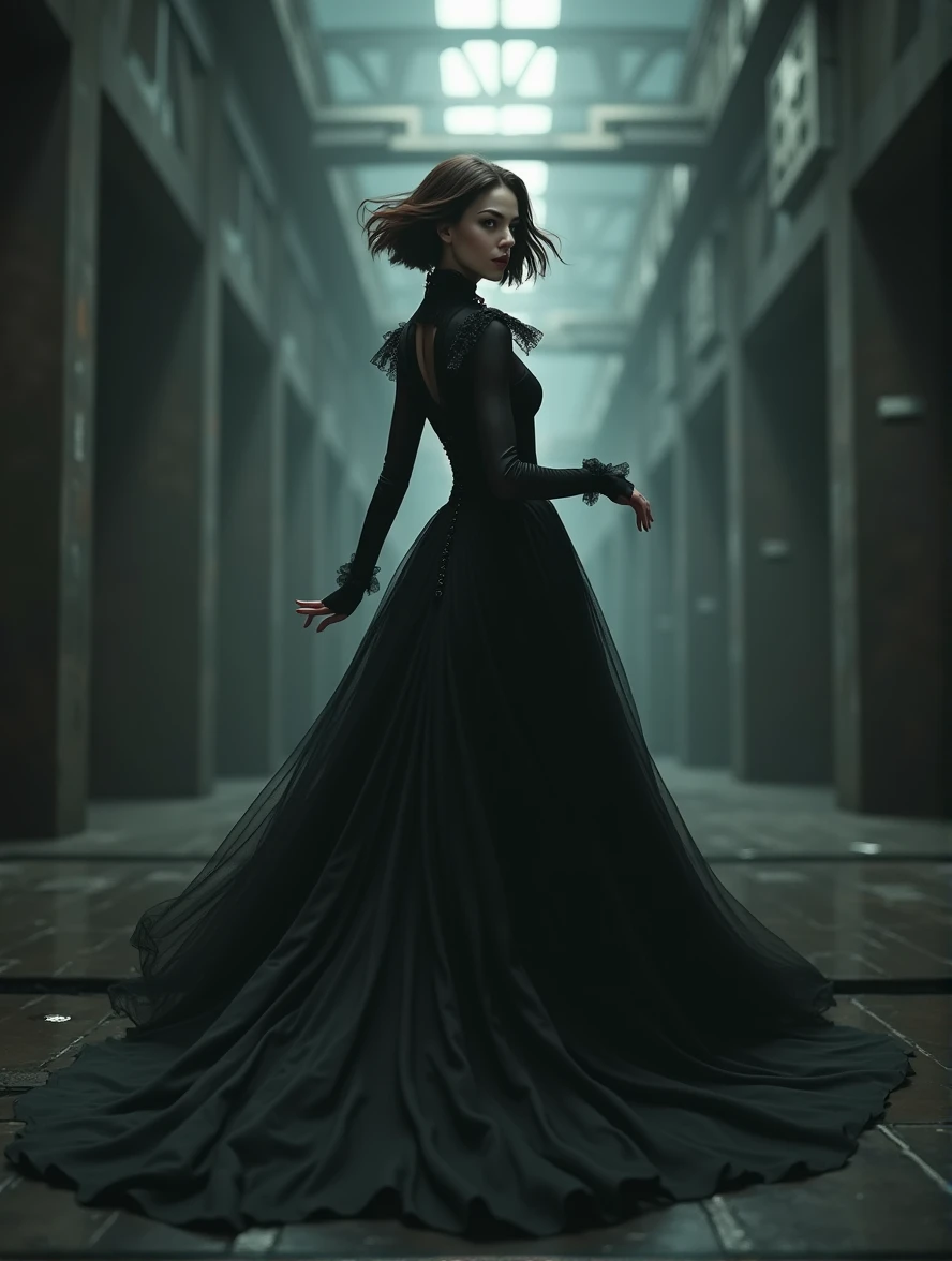 (Photorealism:1.2) woman, brunette, square hairstyle, Long legs, Beauty, dressed in a black long dress, Gothic dress, with a long train, high Victorian collar, gray eyes color, cyberpunk background, full height of a girl, inside an industrial building, runs deep into the corridor, terror in the eyes, Turns back