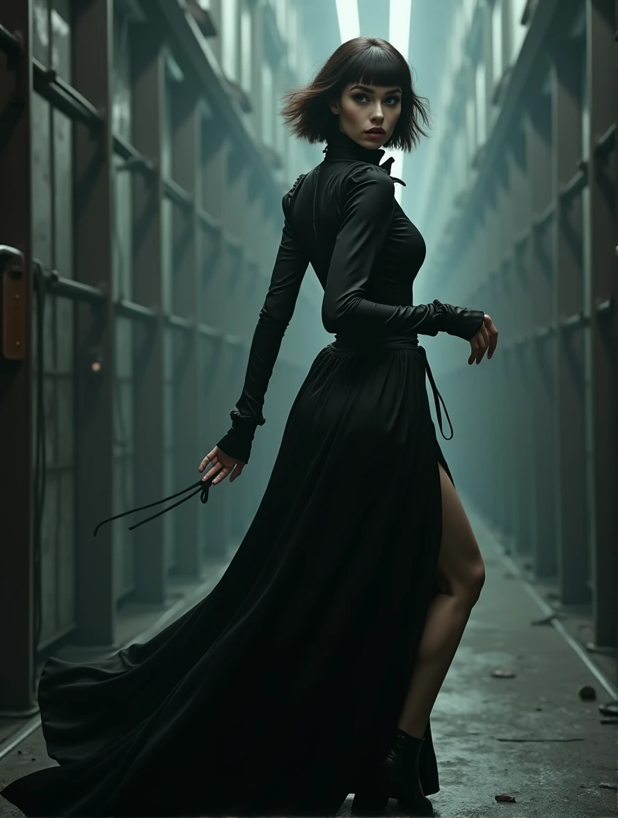 (Photorealism:1.2) woman, brunette, square hairstyle, Long legs, Beauty, dressed in a black long dress, Gothic dress, with a long train, high Victorian collar, gray eyes color, cyberpunk background, full height of a girl, inside an industrial building, runs deep into the corridor, terror in the eyes, Turns back
