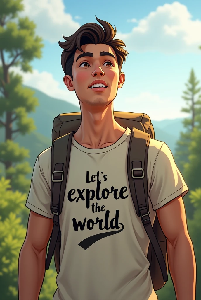 Create an image with a  23 years old boy  with a who dreamt of travel world with a slogan  written on it with realistic ----Let's explore the world