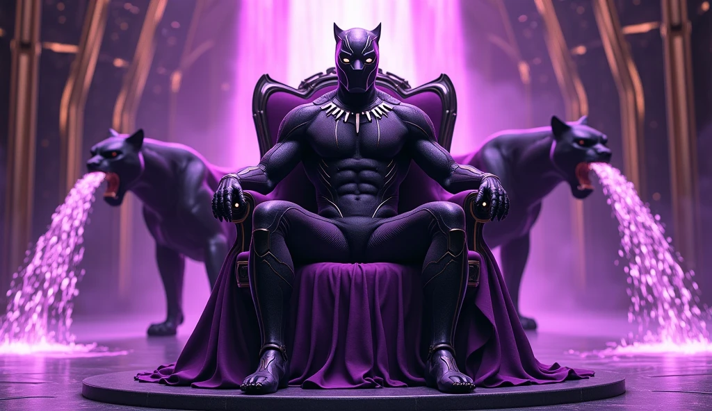 Black Panther sitting on the throne of Wakanda with the vibranium full advance uniform in violate colour, black Panthers in background with throwing water from mouth outside frame in violate colour