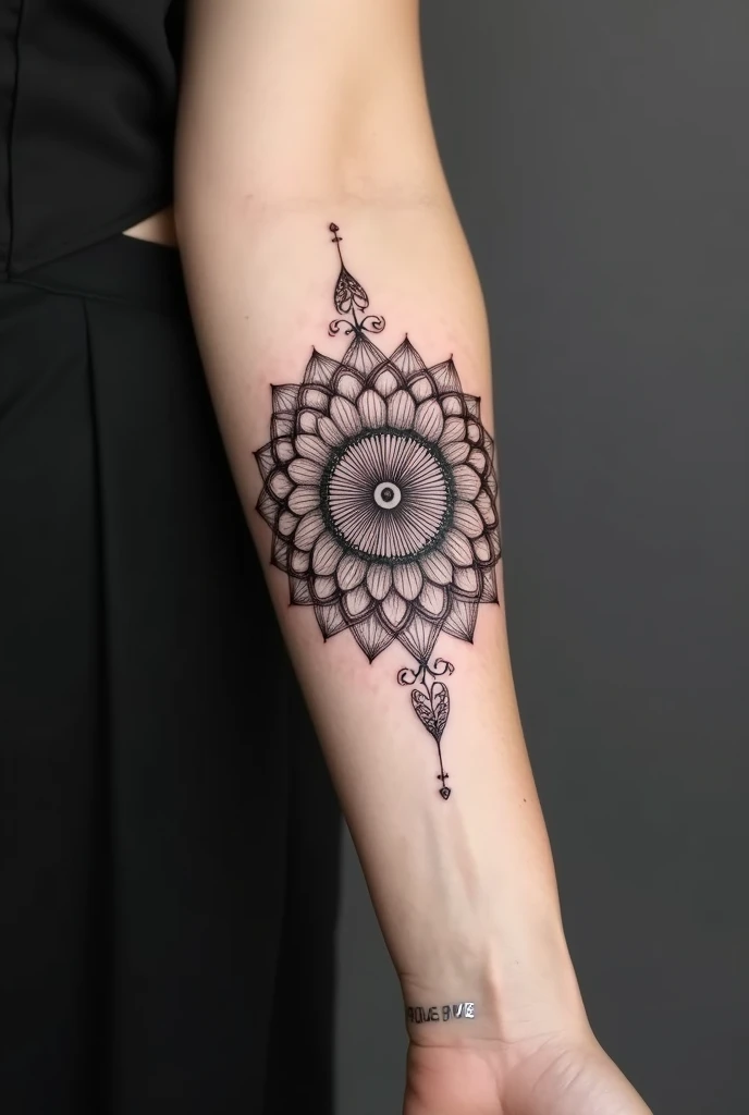 Create a tattoo art of a mandala using only delicate black and gray lines for a woman's forearm. 