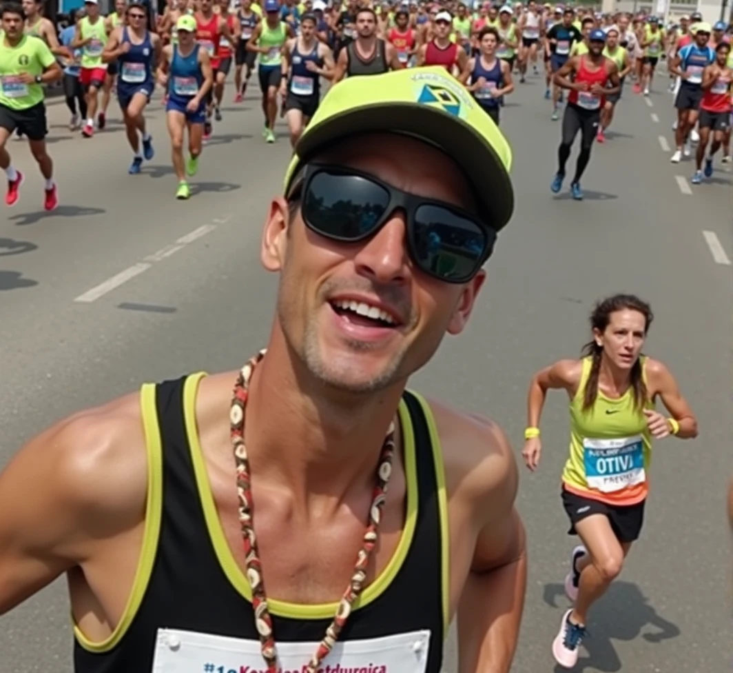 A high-quality photo of a large group of Brazilian people running in a marathon during the daytime. The runners, wearing a variety of colorful athletic gear, are in mid-stride, with expressions of focus and determination. sunlight dapples the ground, creating dynamic shadows. The scene is lively with spectators cheering from the sidelines, and the overall atmosphere is energetic and celebratory. Text written on banner "1ª Corrida Metelurgica"