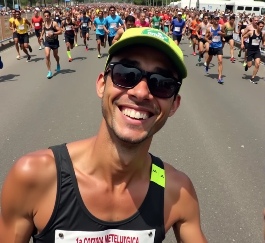 A high-quality photo of a large group of Brazilian people running in a marathon during the daytime. The runners, wearing a variety of colorful athletic gear, are in mid-stride, with expressions of focus and determination. sunlight dapples the ground, creating dynamic shadows. The scene is lively with spectators cheering from the sidelines, and the overall atmosphere is energetic and celebratory. Text written on banner "1ª Corrida Metelurgica"


