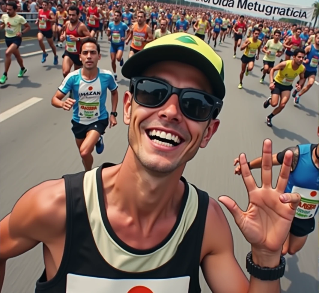 A high-quality photo of a large group of Brazilian people running in a marathon during the daytime. The runners, wearing a variety of colorful athletic gear, are in mid-stride, with expressions of focus and determination. sunlight dapples the ground, creating dynamic shadows. The scene is lively with spectators cheering from the sidelines, and the overall atmosphere is energetic and celebratory. Text written on banner "1ª Corrida Metelurgica"

