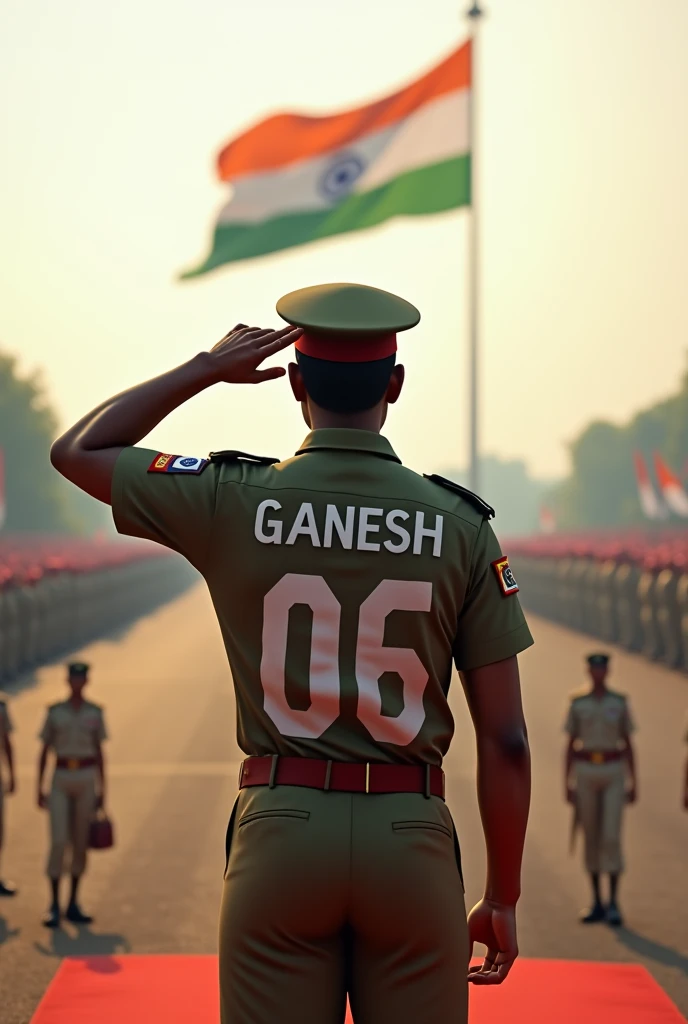 indian army academy parade one person Jersey number big size "GANESH06"celebrating independence day. . saluting near big size flag . back side view
