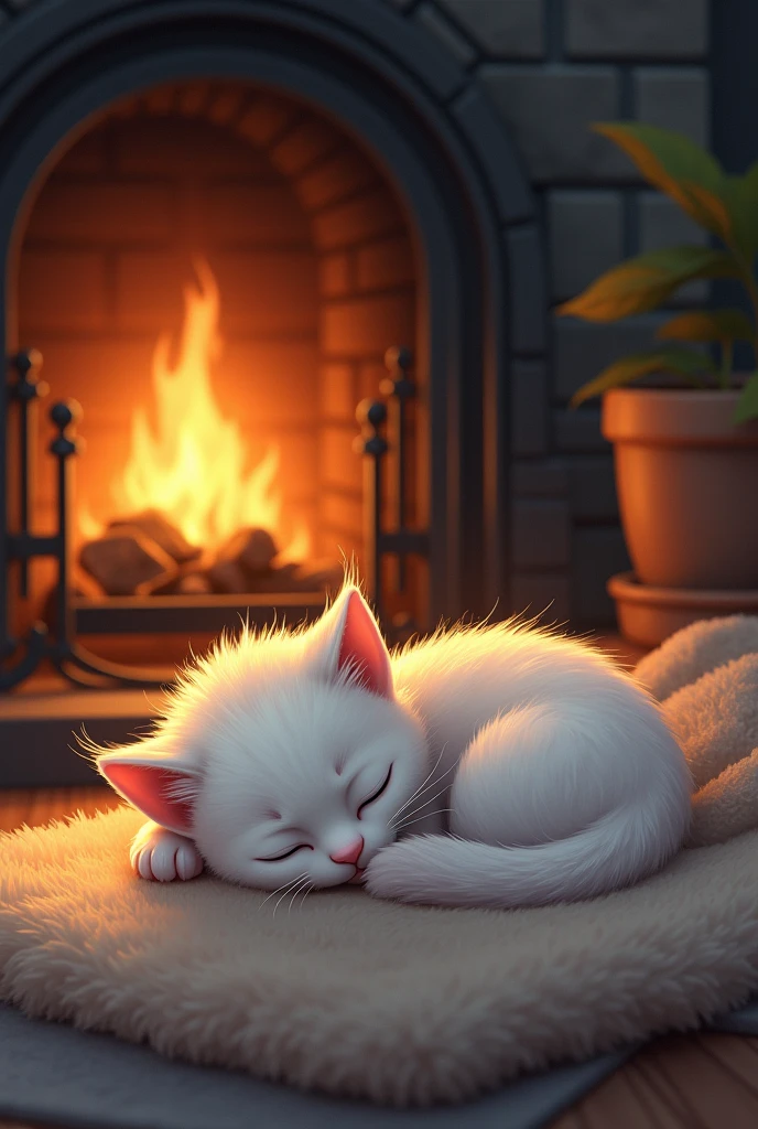 Drawing of a small white kitten sleeping near the fireplace