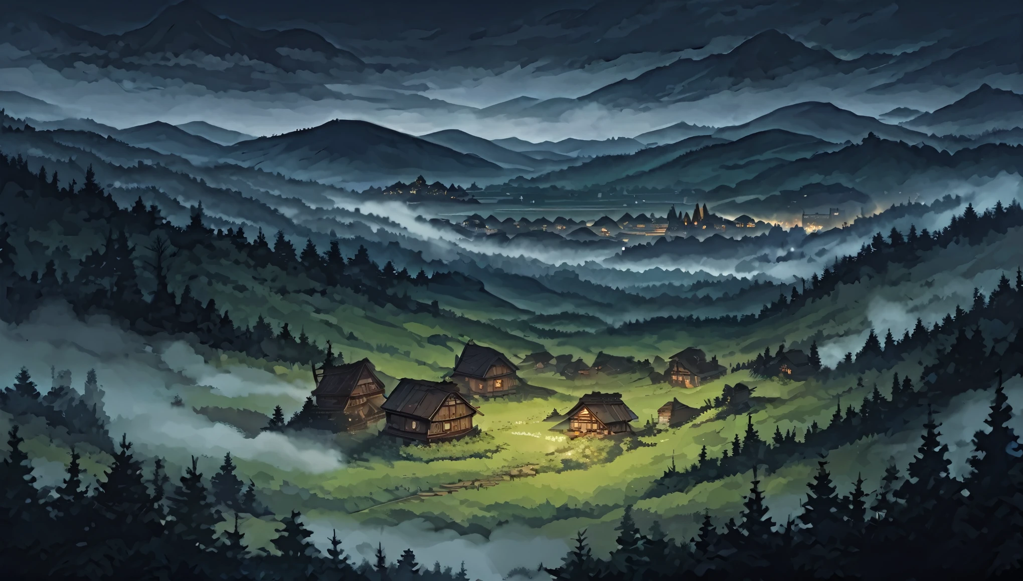 view from above, the forest, A meadow, small village, wooden dilapidated houses, in the distance beyond the village there is a mountain, There is a castle on the mountain, night, fog, cloudy sky