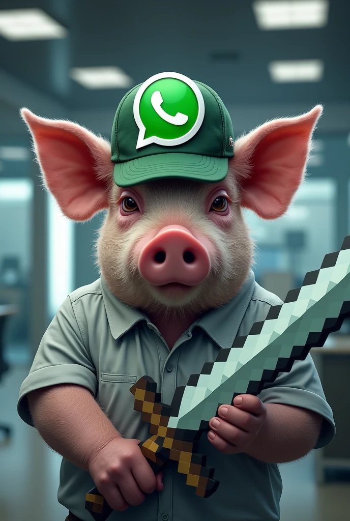 Serious pig whatsapp company employee with whatsapp hat holding a Minecraft sword
