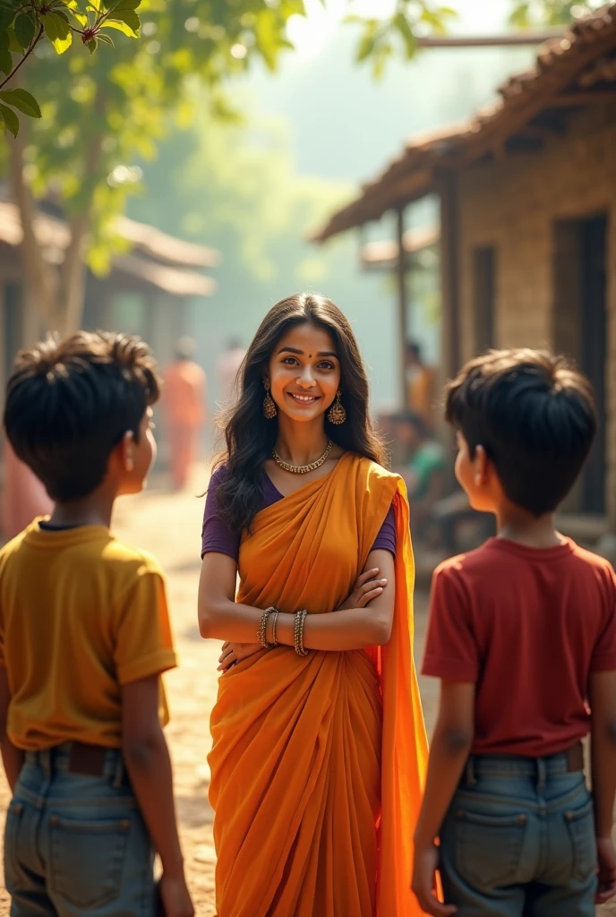 She said, 'Your effort proves that when we work together and help each other, any difficulty can be overcome and success can be achieved.'
"Priyanka giving a heartfelt speech to Meghraj and Tanishk, who are smiling proudly, with a backdrop of the village."