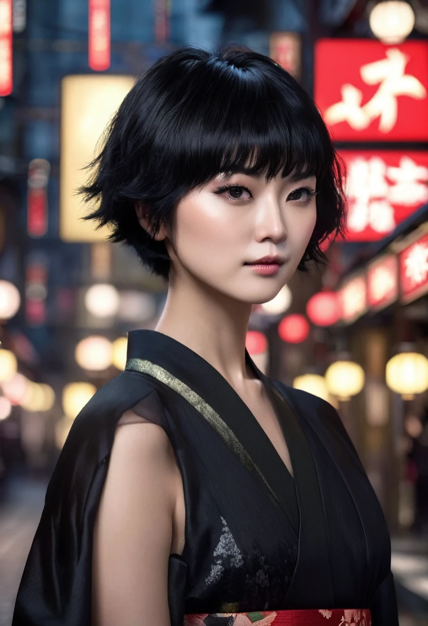 1 woman,, she is Japanese, inside a city at night, wearing a traditional black dress, dark black feminine eyes, fair and detailed skin,, black pixie cut hair with choppy bangs, she is Japanese, dramatic lighting, cinematic composition, dark palette, dark colors, atmospheric haze, thin chin, serious face, serious face, beautiful woman, very beautiful, adult woman, ultra realistic, adult woman (best quality, 4K, 8K, high resolution, art: 1.2), ultra detailed (realistic, photorealistic, photorealistic: 1.37)