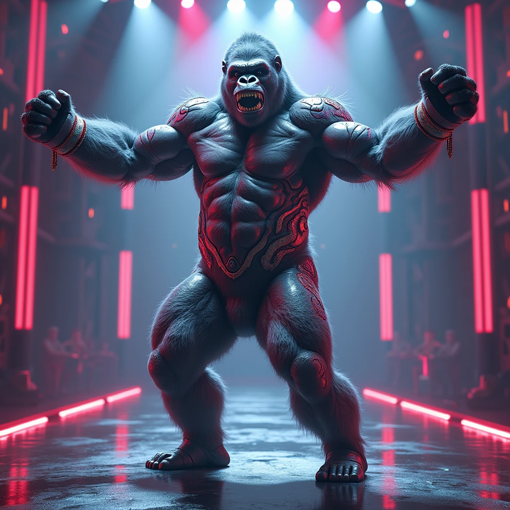 "Illustrate a hyper-realistic image of a gorilla performing a dynamic dance move, with its body twisted in a dramatic pose and arms flung outwards. The gorilla is wearing a tight, metallic silver jumpsuit with vibrant patterns and matching accessories. The background is a futuristic concert stage with laser lights and a high-energy atmosphere."