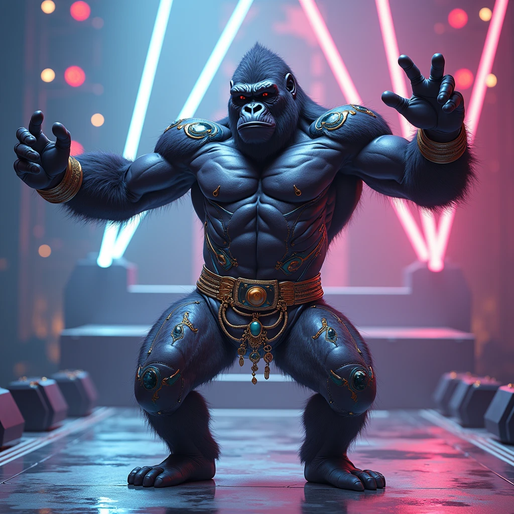 "Illustrate a hyper-realistic image of a gorilla performing a dynamic dance move, with its body twisted in a dramatic pose and arms flung outwards. The gorilla is wearing a tight, metallic silver jumpsuit with vibrant patterns and matching accessories. The background is a futuristic concert stage with laser lights and a high-energy atmosphere."