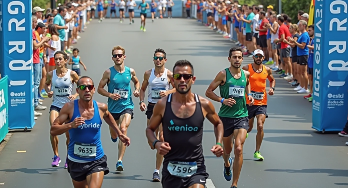 A high-quality photo of a large group of Brazilian people running in a marathon during the daytime. The runners, wearing a variety of colorful athletic gear, are in mid-stride, with expressions of focus and determination. sunlight dapples the ground, creating dynamic shadows. The scene is lively with spectators cheering from the sidelines, and the overall atmosphere is energetic and celebratory. Text written on banner "1ª Corrida Metelurgica"
