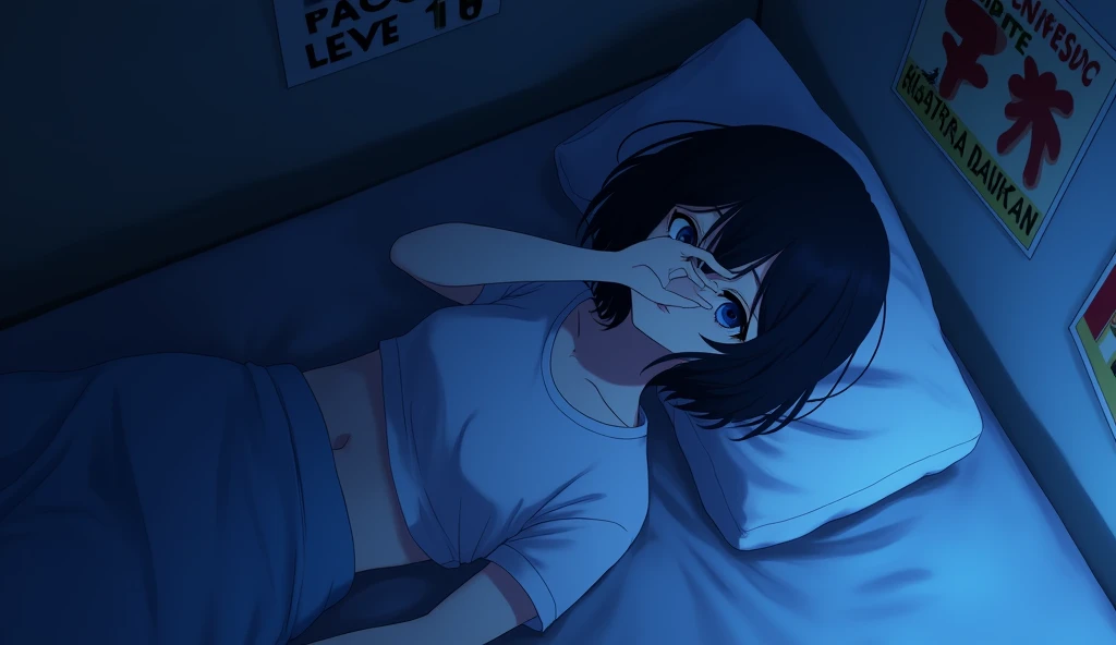 One person, Lie on your back in bed without covers,Overhead shot,Shot from above,,Covering the right eye with the hand,Blue light,Deep room,Blur the background,Band posters on the wall,A round, heavy bob haircut,19 years old,White T-shirt,Dark Room,Anime Style,High resolution,