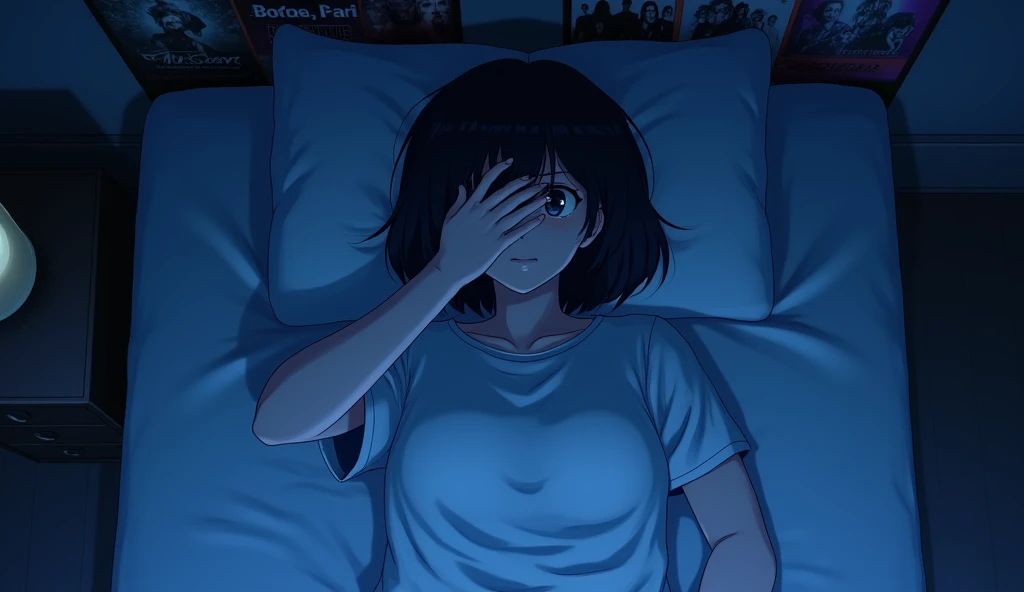 One person, Lie on your back in bed without covers,Overhead shot,Shot from above,,Covering the right eye with the hand,Blue light,Deep room,Blur the background,Band posters on the wall,A round, heavy bob haircut,19 years old,White T-shirt,Dark Room,Anime Style,High resolution, 