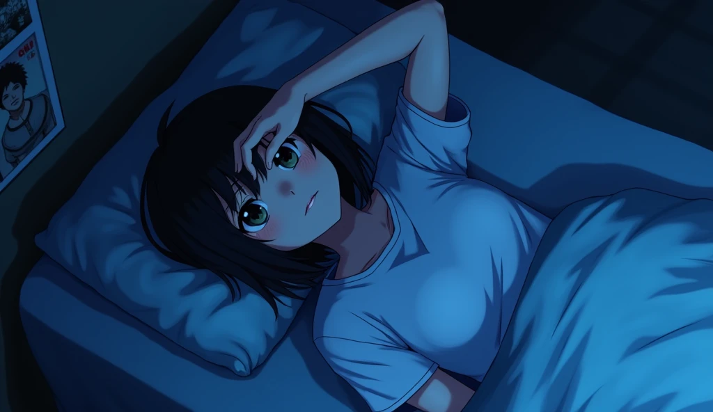 One person, Lie on your back in bed without covers,Overhead shot,Shot from above,Blue light,Deep room,Blur the background,Band posters on the wall,A round, heavy bob haircut,19 years old,White T-shirt,Dark Room,Anime Style,High resolution,