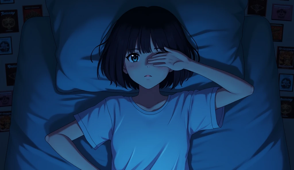 One person, Lie on your back in bed without covers,Overhead shot,Shot from above,,Covering the right eye with the hand,Blue light,Deep room,Blur the background,Band posters on the wall,A round, heavy bob haircut,19 years old,White T-shirt,Dark Room,Anime Style,High resolution,