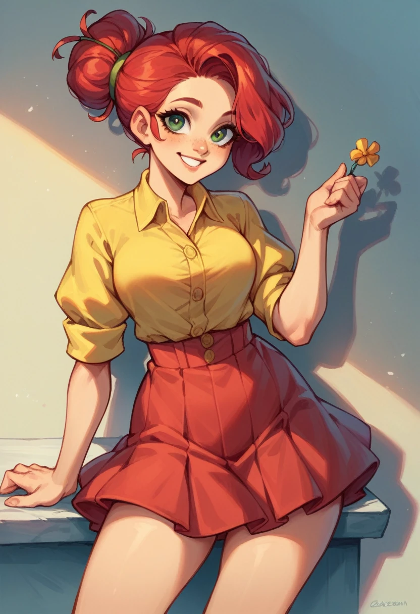 red hair hair tied back green eyes , 18 years old, sexy, showing off curves sexy, gorgeous, caucasian, penny stardew , smiling, cute, yellow open buttons shirt  and a red skirt