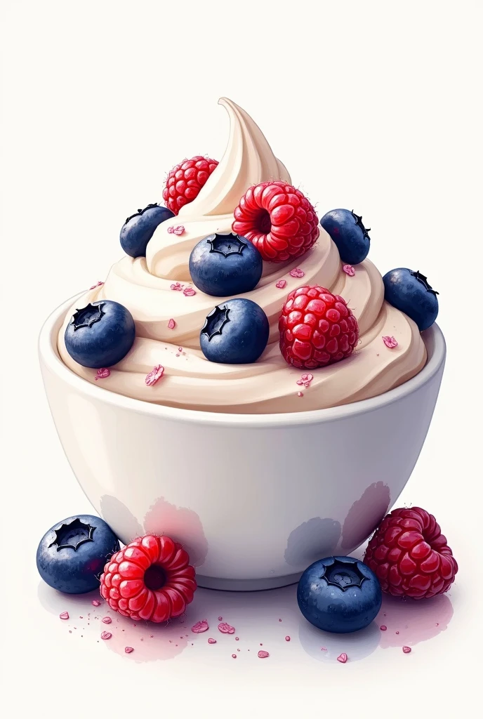 drawing of natural Greek yogurt with dried blueberries and red berries
