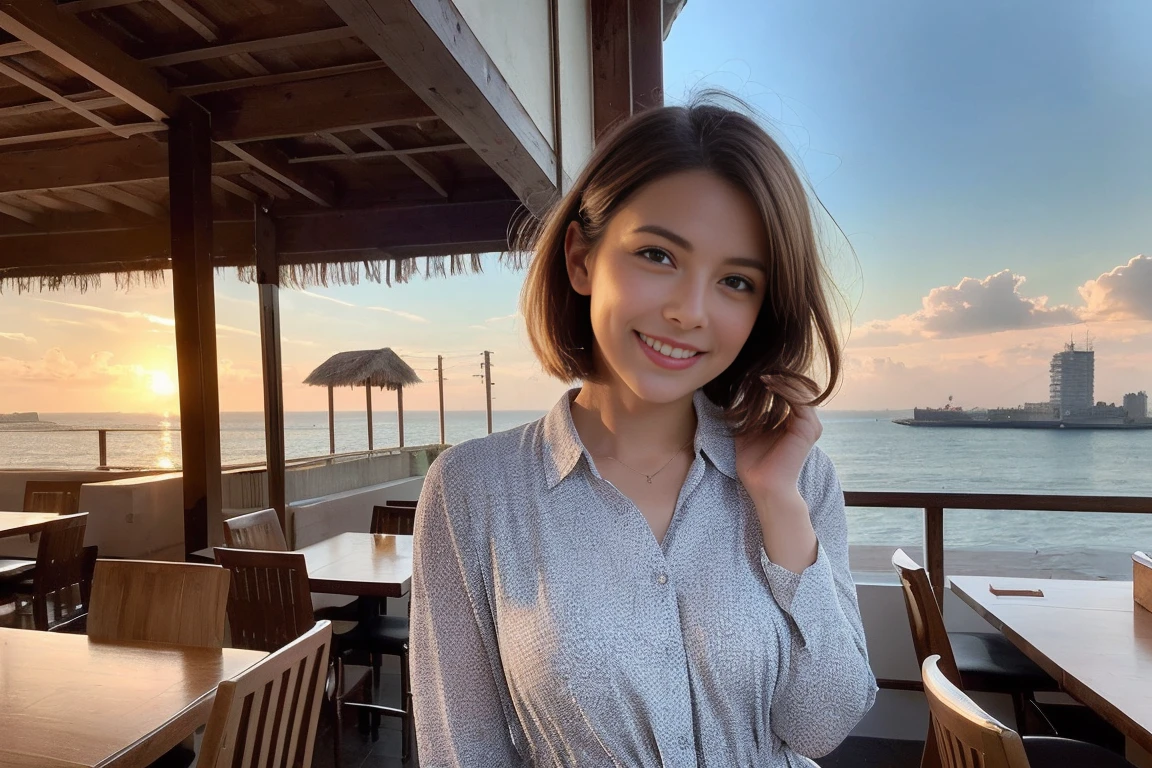 ((Highest quality、8k、masterpiece:1.3))、slimカップル、modelカップル、(Realistic, Intricate details:1.2), Japanese sake、Sake cup、Yakitori、Izakaya、White wine、Japanese food、Buckwheat、Japanese sake、Shochu 、Amazing view of the sunset sky and clouds、A bright smile、The wonderfulness of smile、Bright image、Beautiful Face, blue eyes, The light shines on your face, blush, short hair,Bright Face、 (Age 37), Age 34, Two beauties、Brown Hair、Shortcuts、Long sleeve shirt、dress、Beautiful woman 1, (slimな顔), (The body is slim), (Brown Hair), (Shortcuts), cheeks turn a little red,Attractive beauty、restaurant, In a prominent place (From the waist up) Nova Frog Style, actress, model, Upper Body, slim, smile, (smile: 1.15), Beautiful fine grain, Depth f/2,saturation, High Contrast, Strong light and shadow,Moist Body:1.5、3D texture、Delicate eyes、Brown Hair、The hair is very shiny、