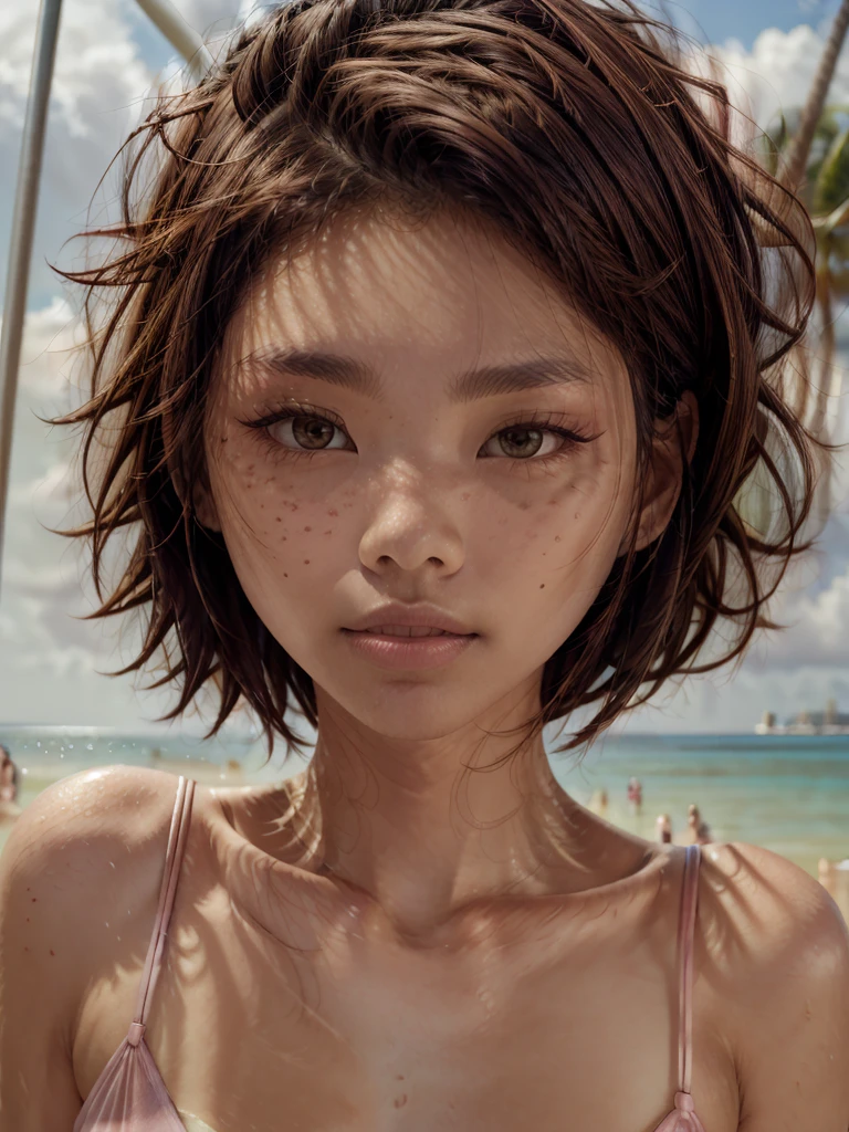 ((top quality, 8 K, masterpiece: 1.3)), 1 girl, Pretty woman, round face, which emphasizes slim abs: 1.3, (casual hairstyle, small breast: 1.2), uniform: 1.2, 1 boil, Pretty japanese woman, which emphasizes slim abs. No.: 1.4, (casual hairstyle, standard breast: 1.2), uniform: 1.2, beach, super detailed face, detailed eyes, double eyelid, (slim), ((skinny)), ((pink transparent underwear)), ((at the crowded beach:1.5))