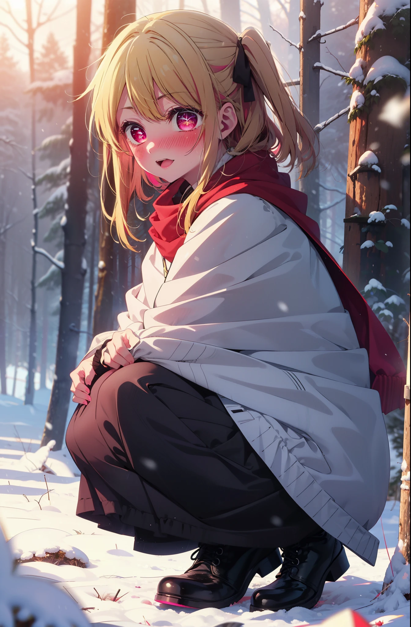 rubyhoshino, Hoshino Ruby, Long Hair, bangs, blonde, (Pink Eyes:1.3), (Symbol-shaped pupil:1.5), Multicolored Hair, Two-tone hair, smile,blush,white breath,
Open your mouth,snow,Ground bonfire, Outdoor, boots, snowing, From the side, wood, suitcase, Cape, Blurred, , forest, White handbag, nature,  Squat, Mouth closed, Cape, winter, Written boundary depth, Black shoes, red Cape break looking at viewer, Upper Body, whole body, break Outdoor, forest, nature, break (masterpiece:1.2), Highest quality, High resolution, unity 8k wallpaper, (shape:0.8), (Beautiful and beautiful eyes:1.6), Highly detailed face, Perfect lighting, Extremely detailed CG, (Perfect hands, Perfect Anatomy),