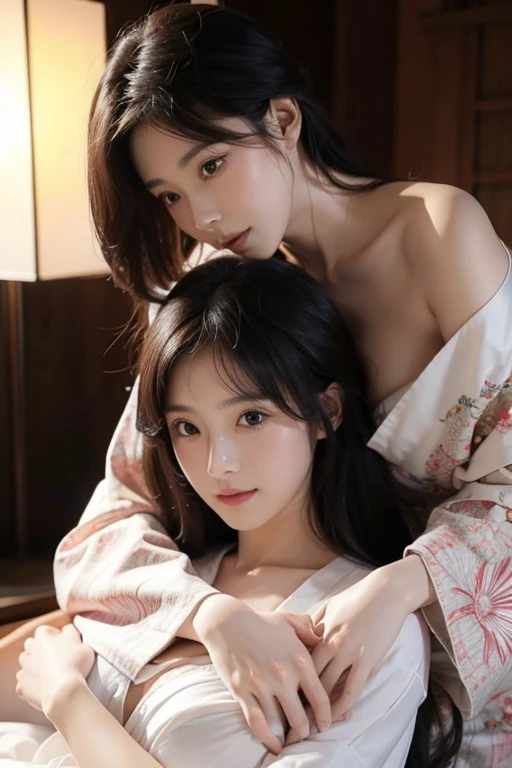 Top quality, masterpiece, very detailed, two high school girls, (kissing), (pubic hair visible), small breasts, , sexy pose, perfect and seductive body, lesbian, eyes closed, (hugging from behind), body wet, no bra, no panties, Japan yukata, legs spread wide, rubbing partner's chest, slim figure, bedroom